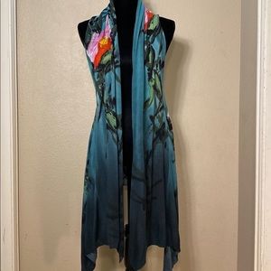 Adore sleeveless Duster. Long sweater.Drape front, hand painted, size L,
